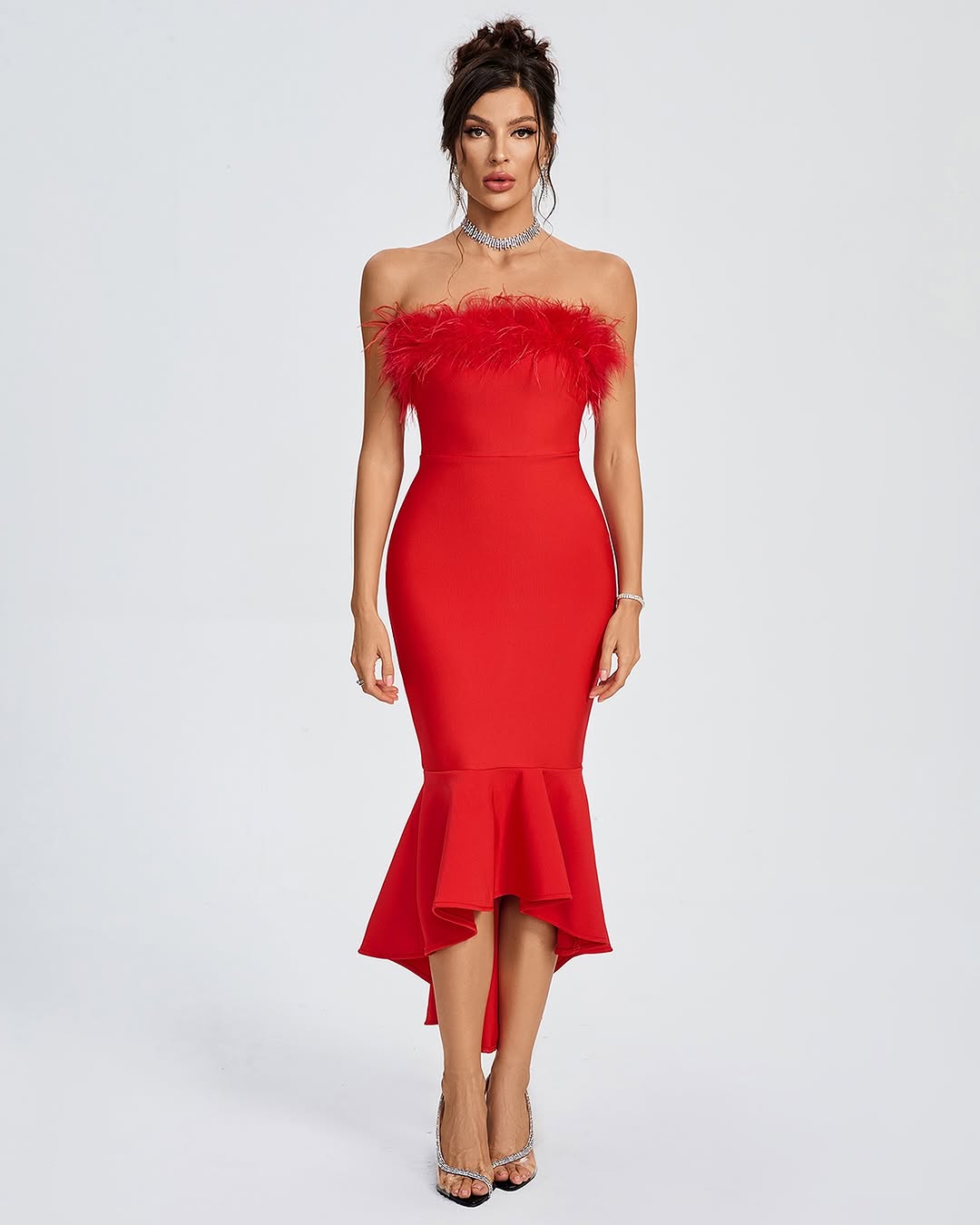 Vestido Bandagem Vermelho com Penas