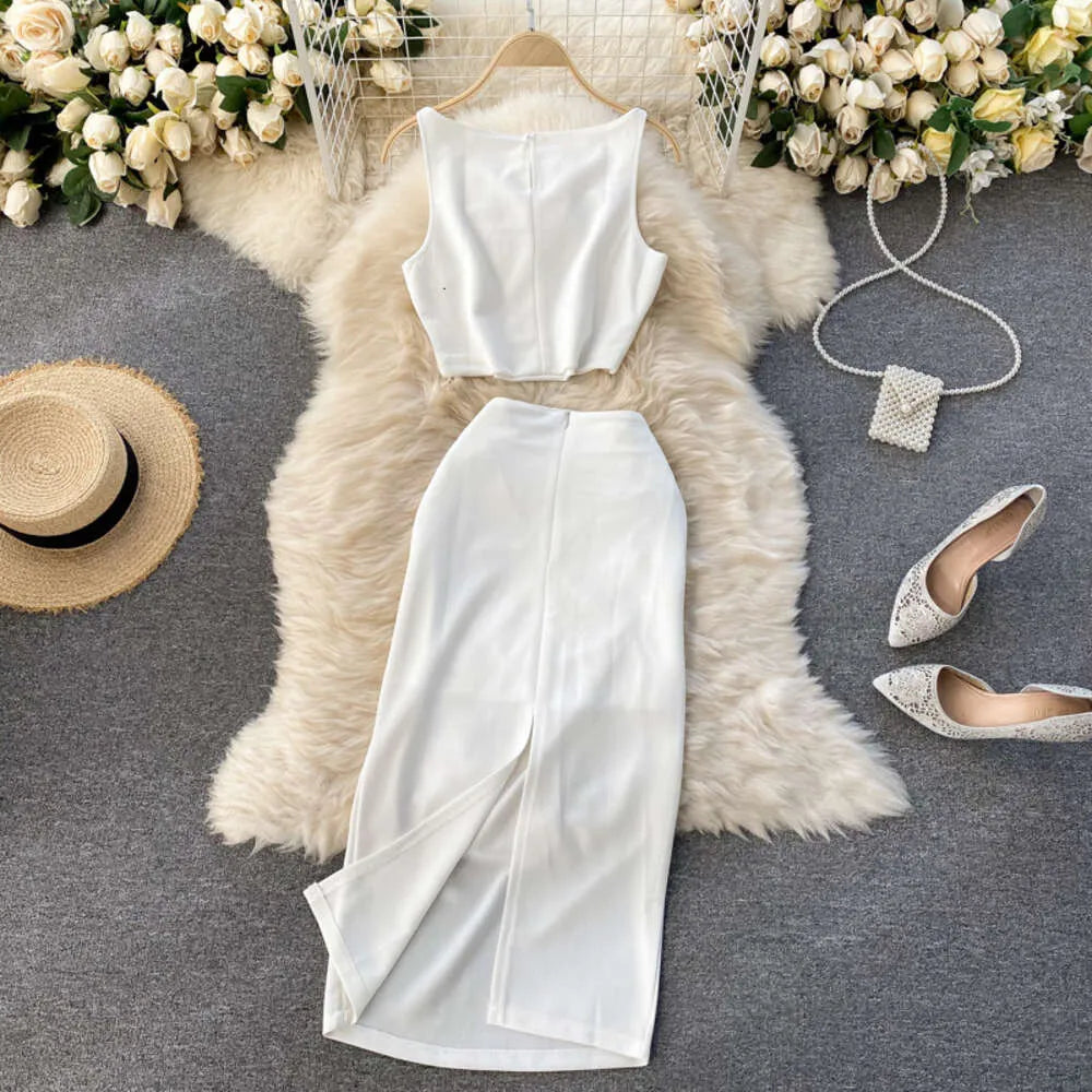 Conjunto de 2 Peças Saia Midi com Fenda - Branco