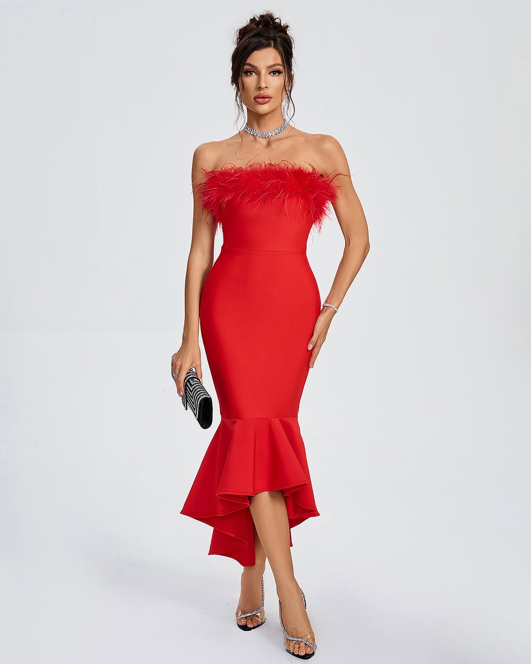 Vestido Bandagem Vermelho com Penas