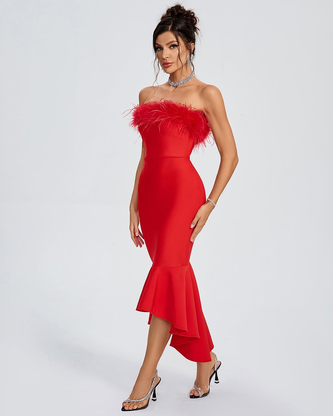 Vestido Bandagem Vermelho com Penas