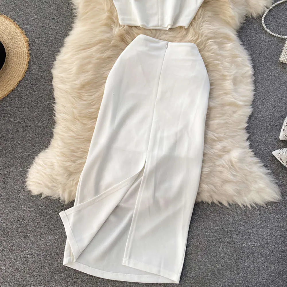 Conjunto de 2 Peças Saia Midi com Fenda - Branco