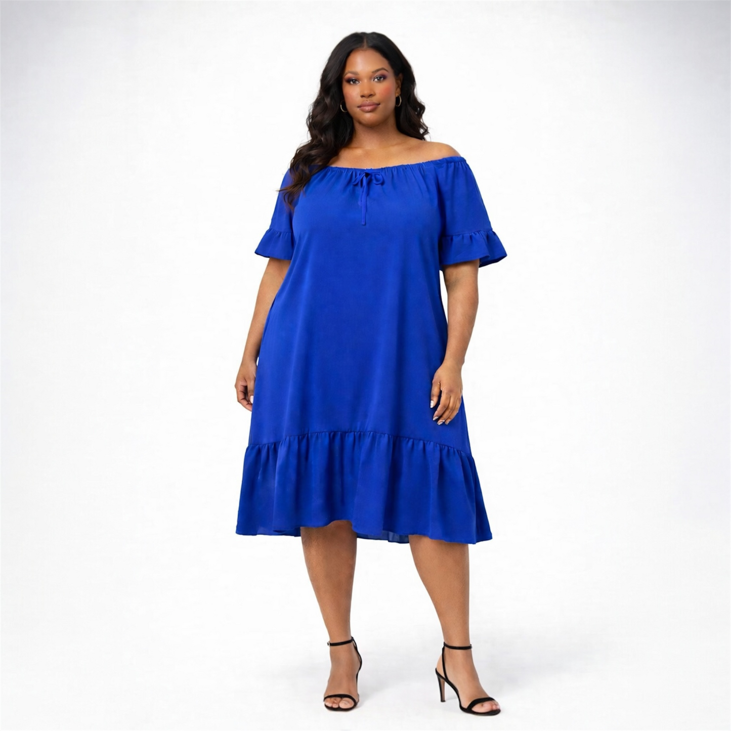 Vestido Plus Size Azul Royal Ombro a Ombro