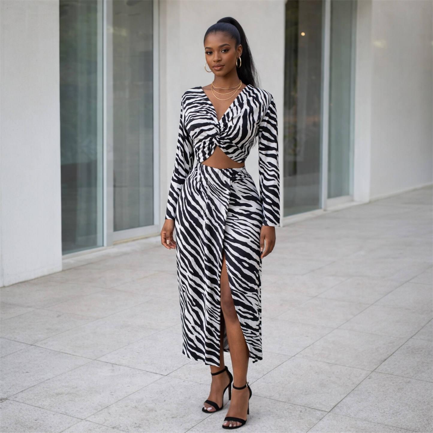 Conjunto de saia com estampa de zebra - Preto/Branco